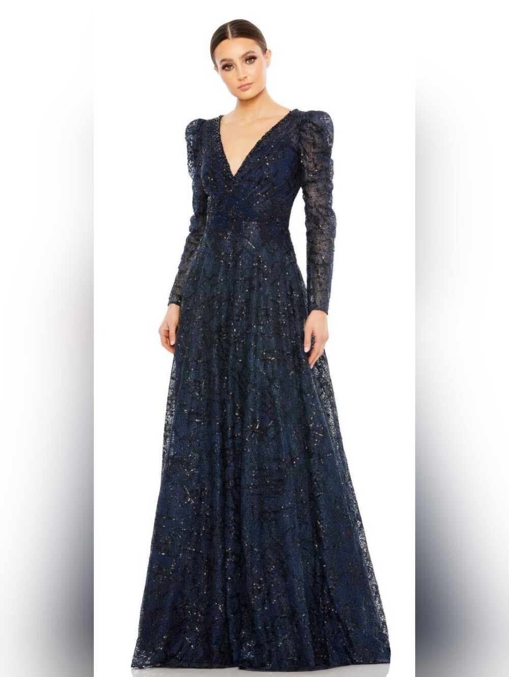 Mac Duggal 20353 Midnight (Navy) V-Neck Long Sleeve Lace Evening Dress Size 18